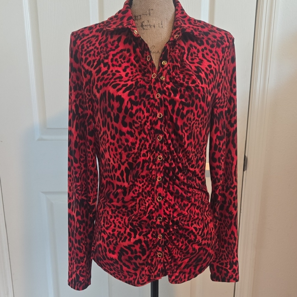 INC International Concepts Red and Black Leopard Button-Down Shirt